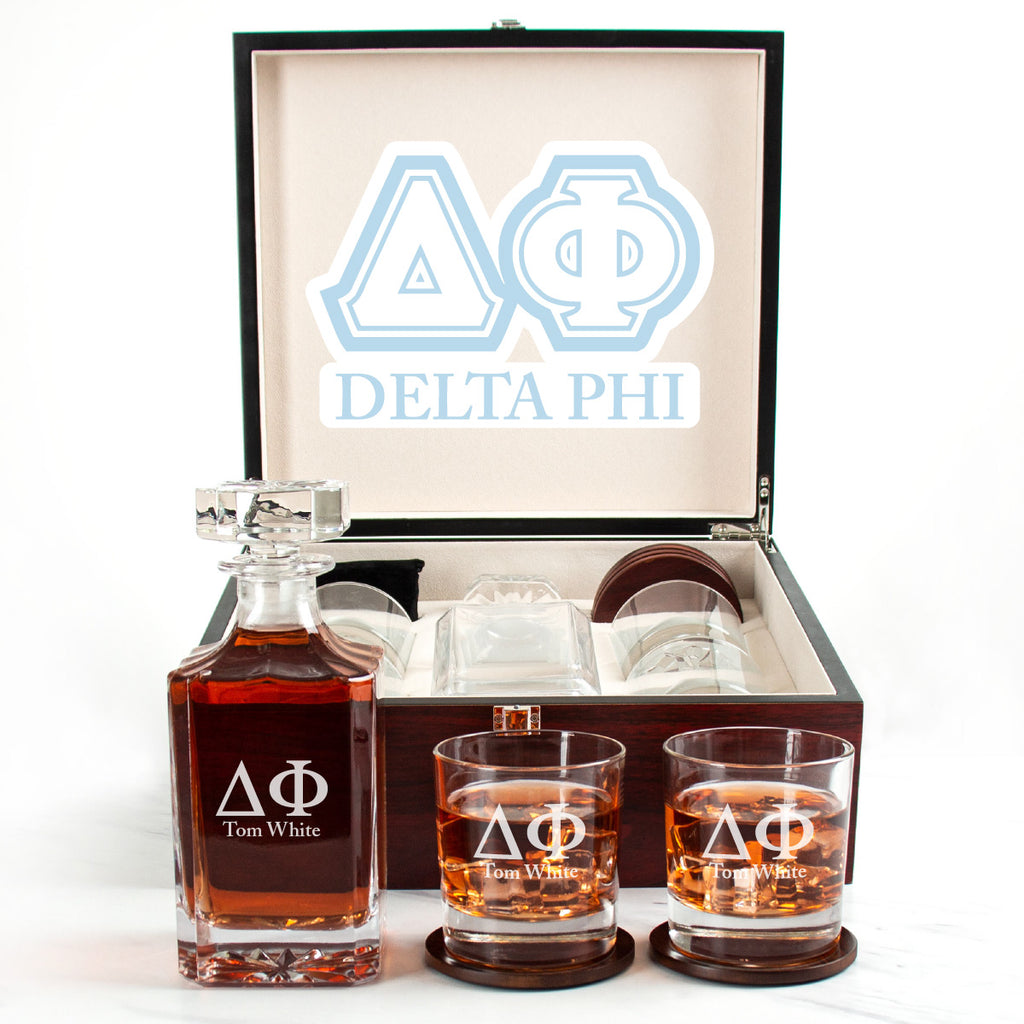 Delta Phi Cherry Wood Decanter Wood Gift Box Set With Rocks Glasses