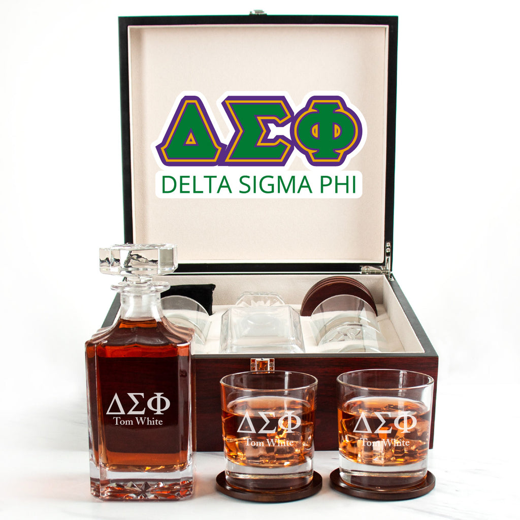 Delta Sigma Phi Cherry Wood Decanter Wood Gift Box Set With Rocks Glasses