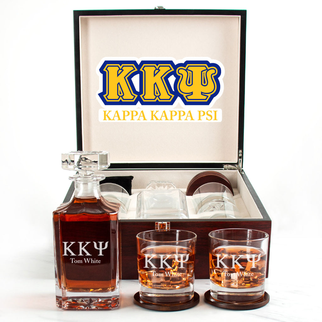 Kappa Kappa Psi Cherry Wood Decanter Wood Gift Box Set With Rocks Glasses