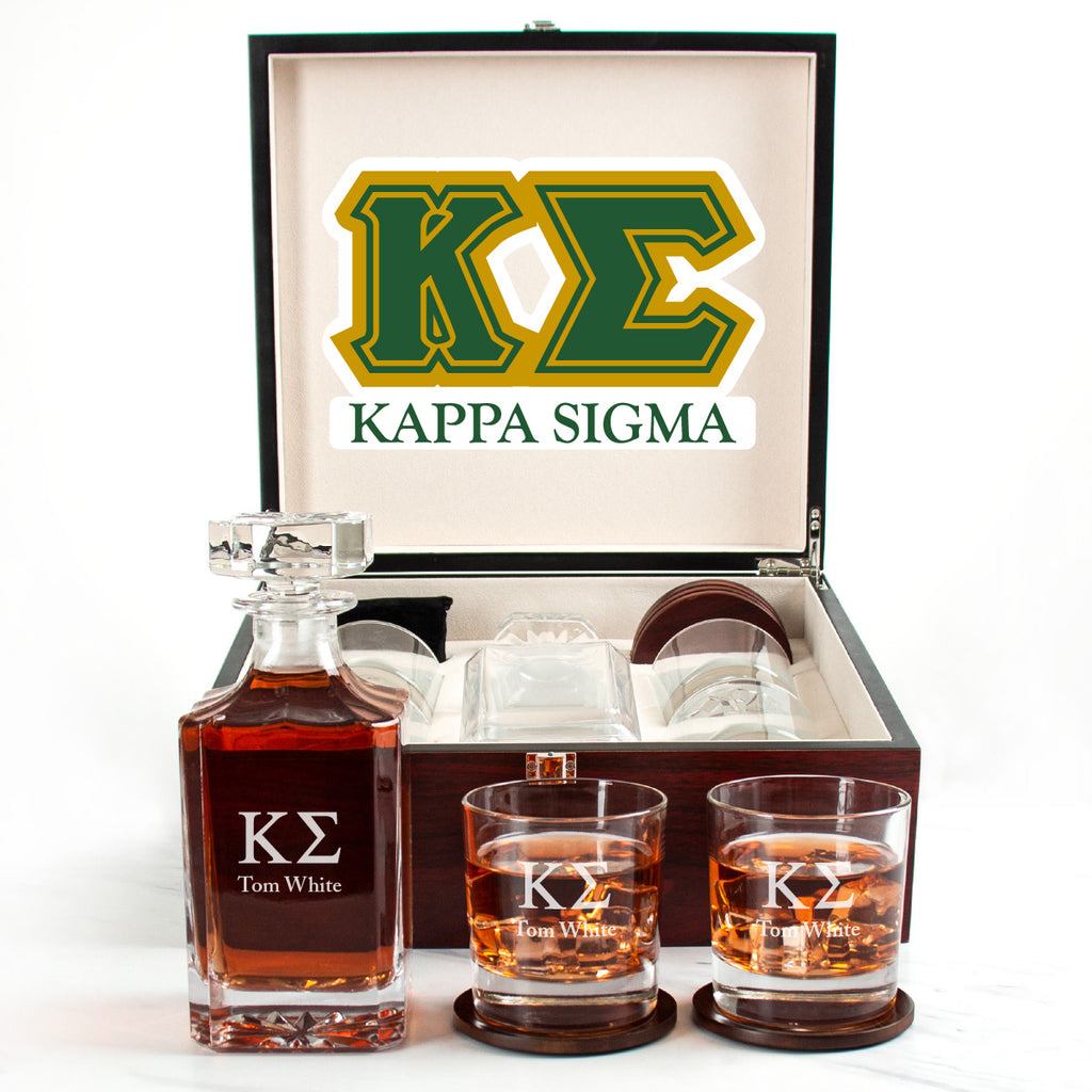 Kappa Sigma Cherry Wood Decanter Wood Gift Box Set With Rocks Glasses