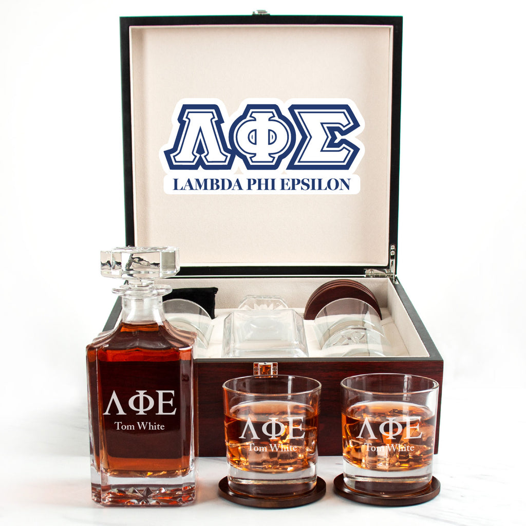 Lambda Phi Epsilon Cherry Wood Decanter Wood Gift Box Set With Rocks Glasses