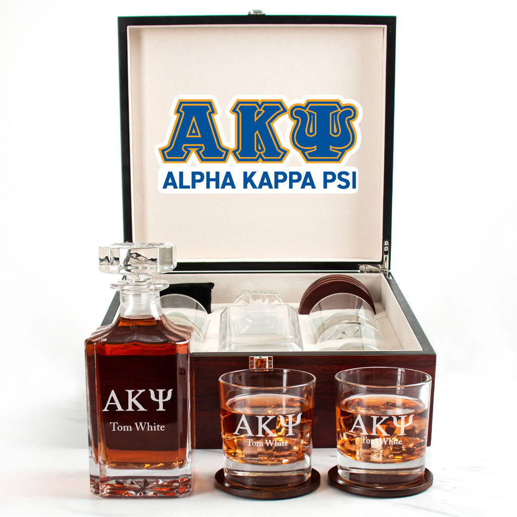 Alpha Kappa Psi Cherry Wood Decanter Wood Gift Box Set With Rocks Glasses