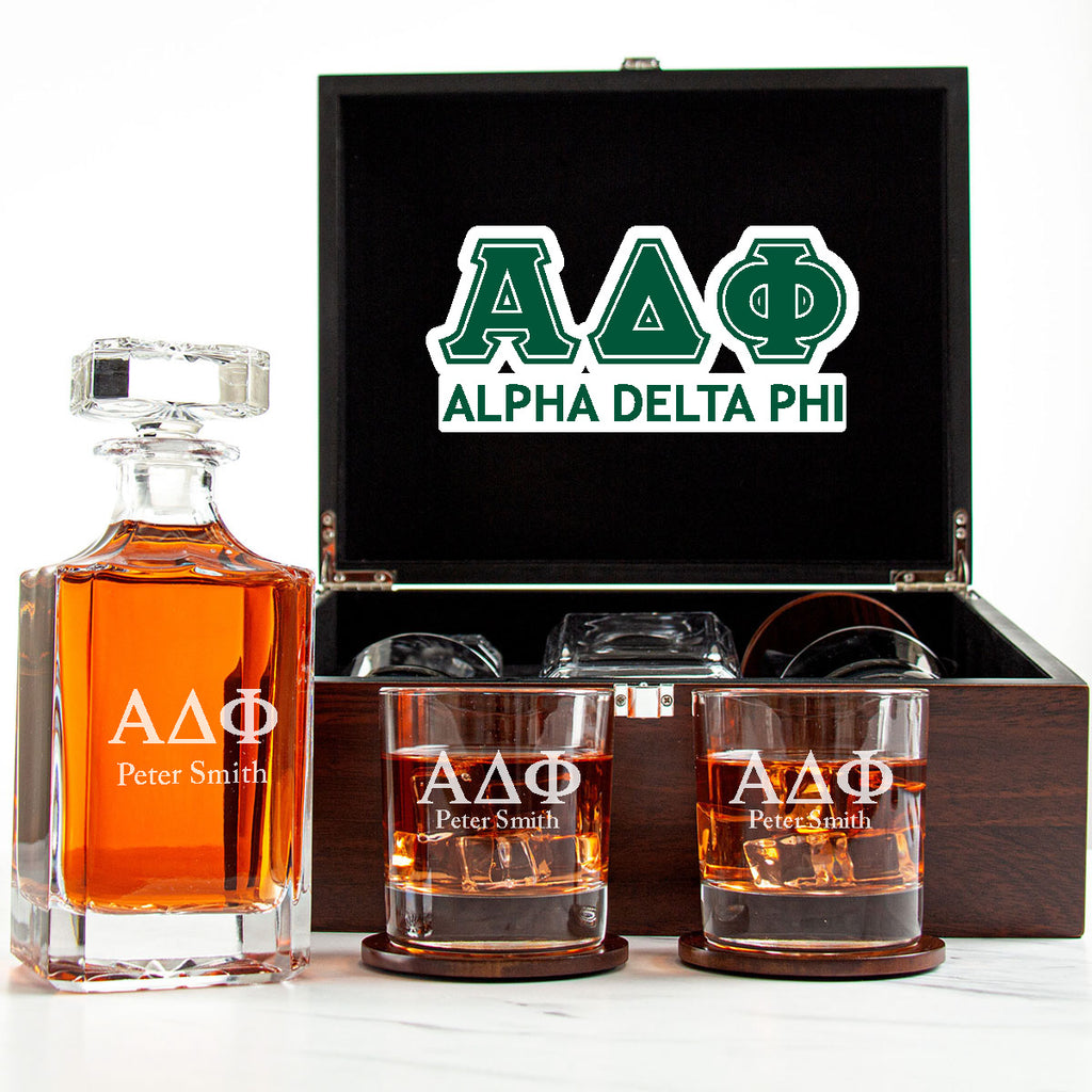 Alpha Delta Phi Decanter Set With Dark Brown Wood Gift Box