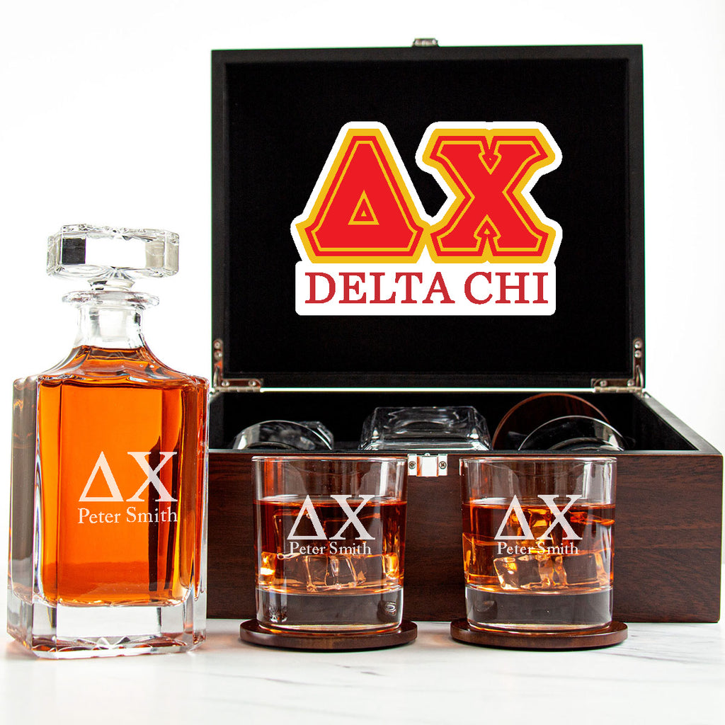 Delta Chi Decanter Set With Dark Brown Wood Gift Box