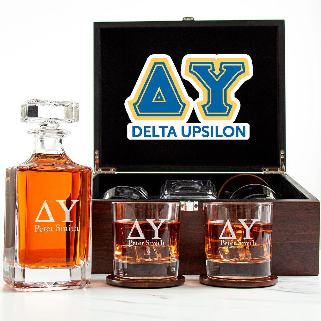 Delta Upsilon Decanter Set With Dark Brown Wood Gift Box