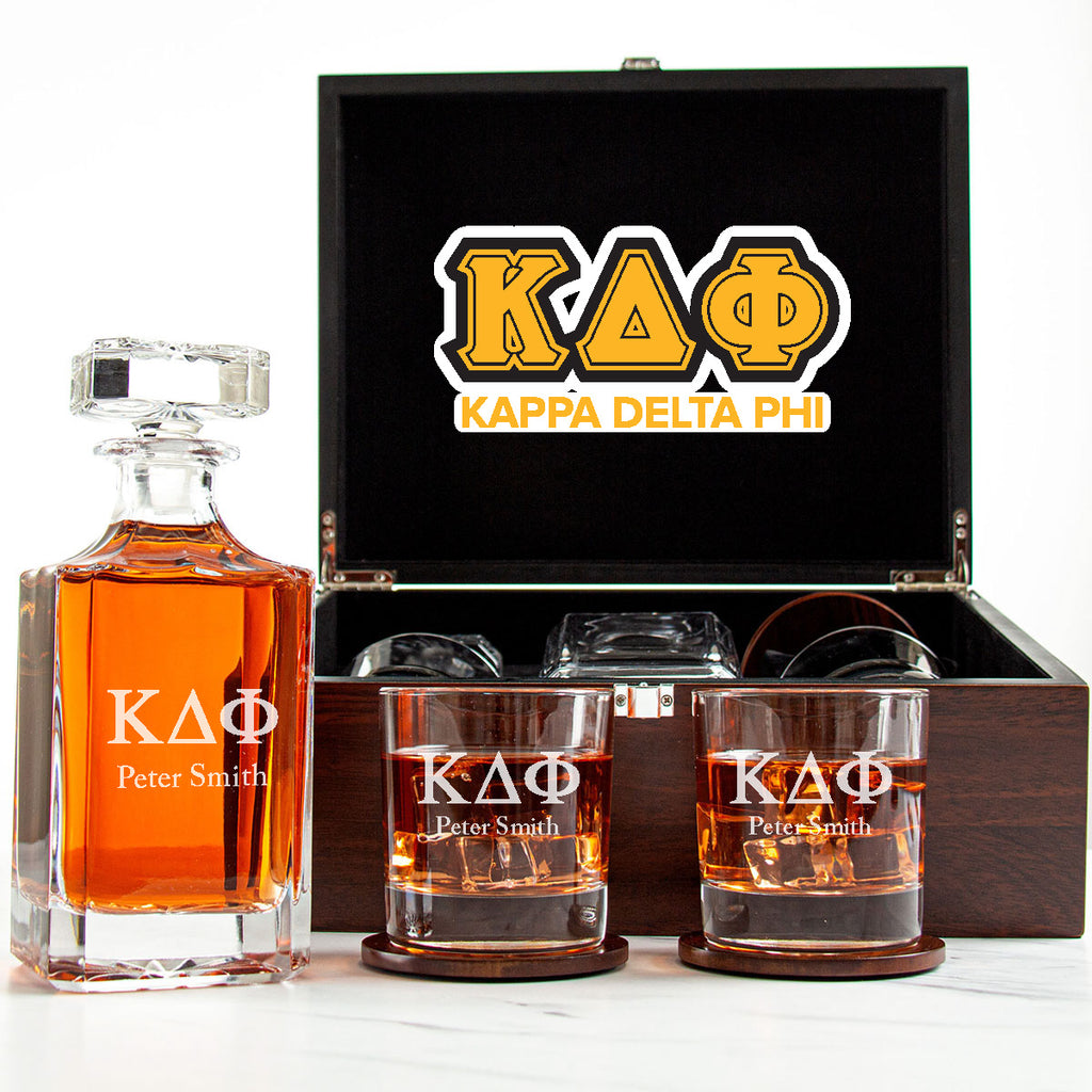 Kappa Delta Phi Decanter Set With Dark Brown Wood Gift Box