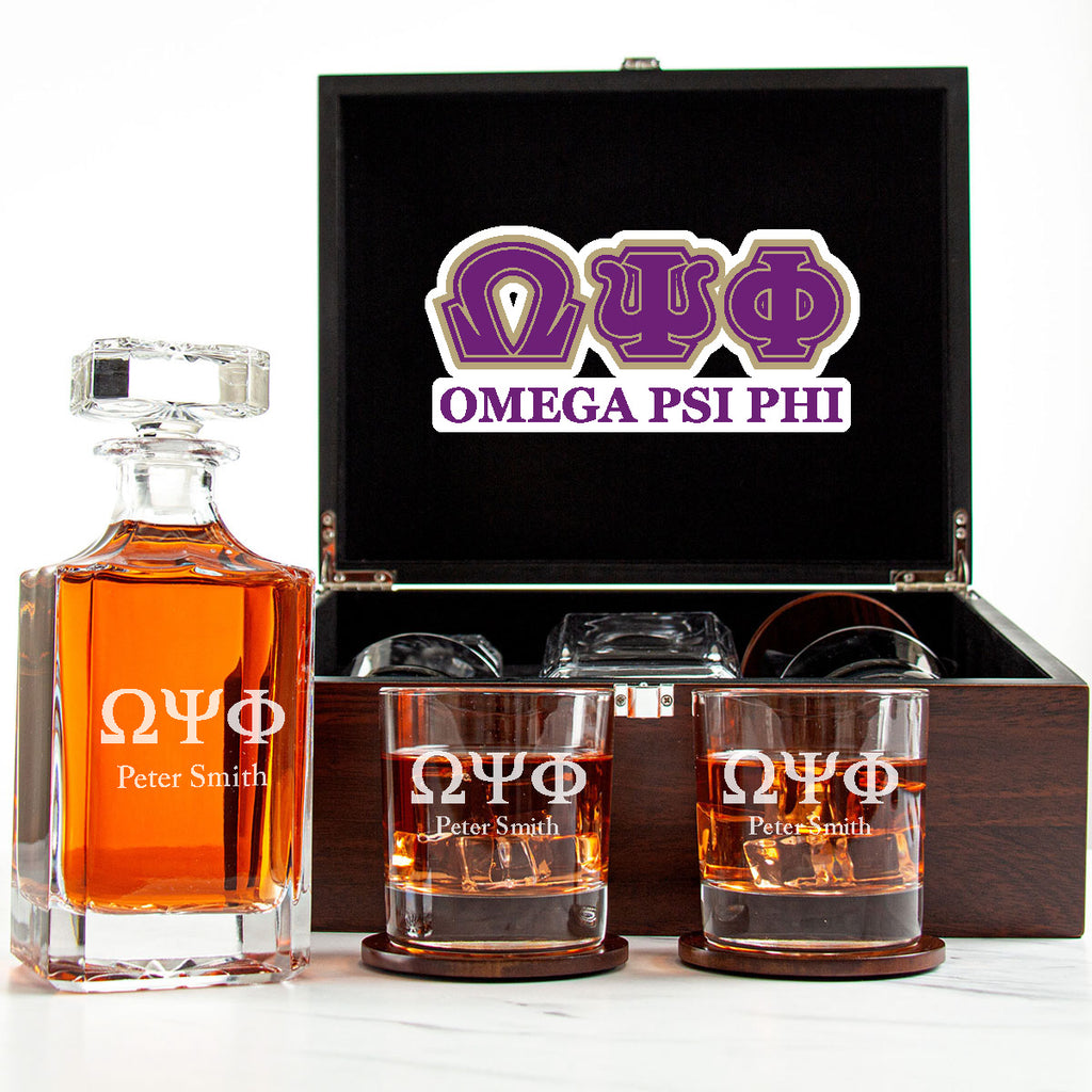 Omega Psi Phi Decanter Set With Dark Brown Wood Gift Box