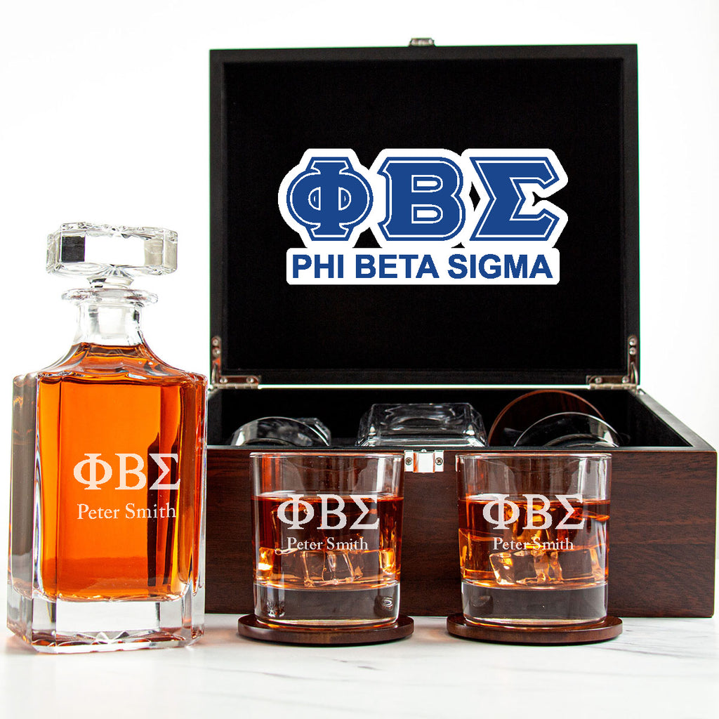 Phi Beta Sigma Decanter Set With Dark Brown Wood Gift Box