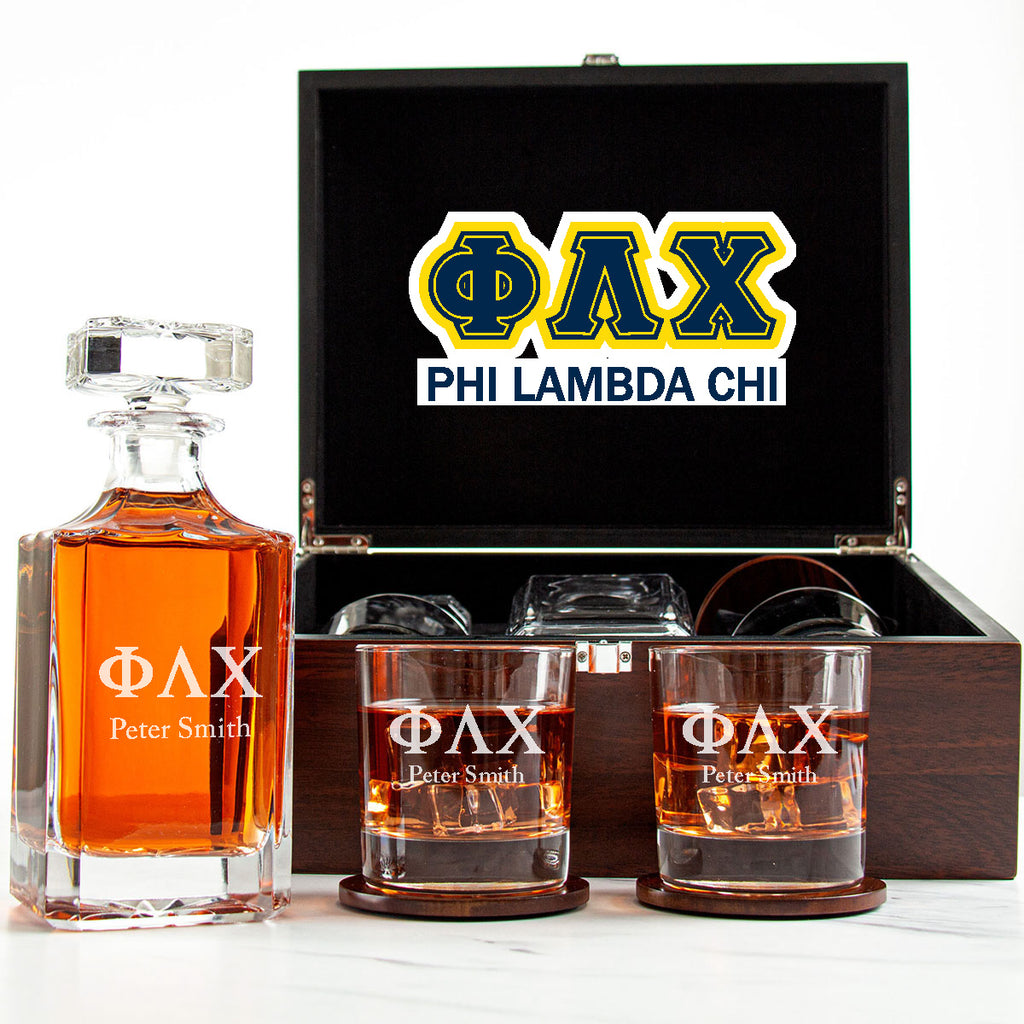 Phi Lambda Chi Decanter Set With Dark Brown Wood Gift Box