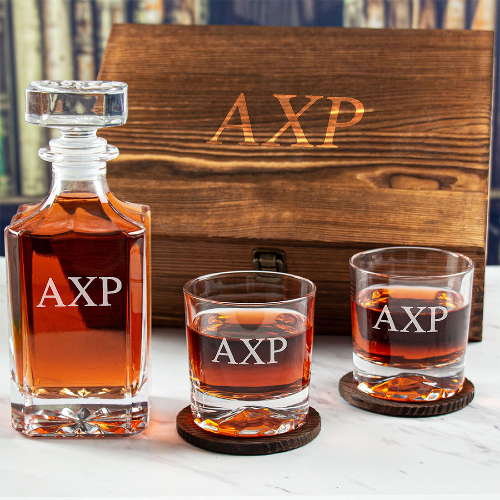 Engraved Alpha Chi Rho - Personalized Whiskey Decanter Set In Wood Gift Box