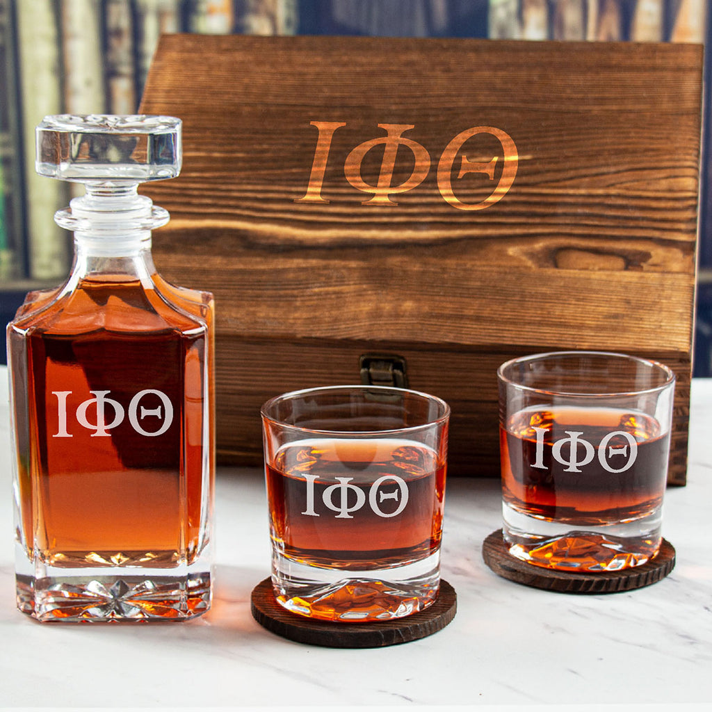 Engraved Iota Phi Theta - Personalized Whiskey Decanter Set In Wood Gift Box