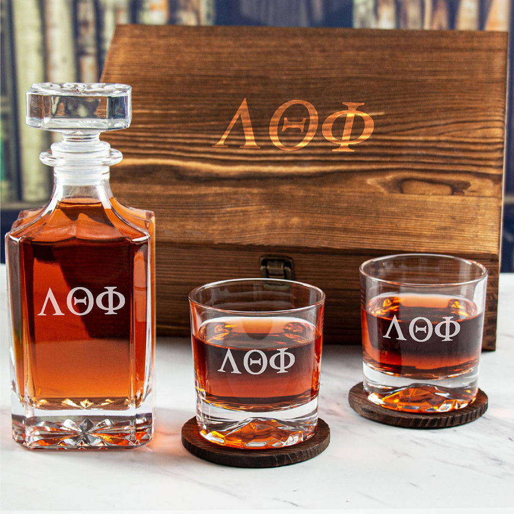 Engraved Lambda Theta Phi - Personalized Whiskey Decanter Set In Wood Gift Box